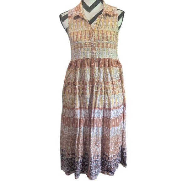 All About You L Rust Orange Tan Geometric Tiered Midi Dress - Picture 1 of 6